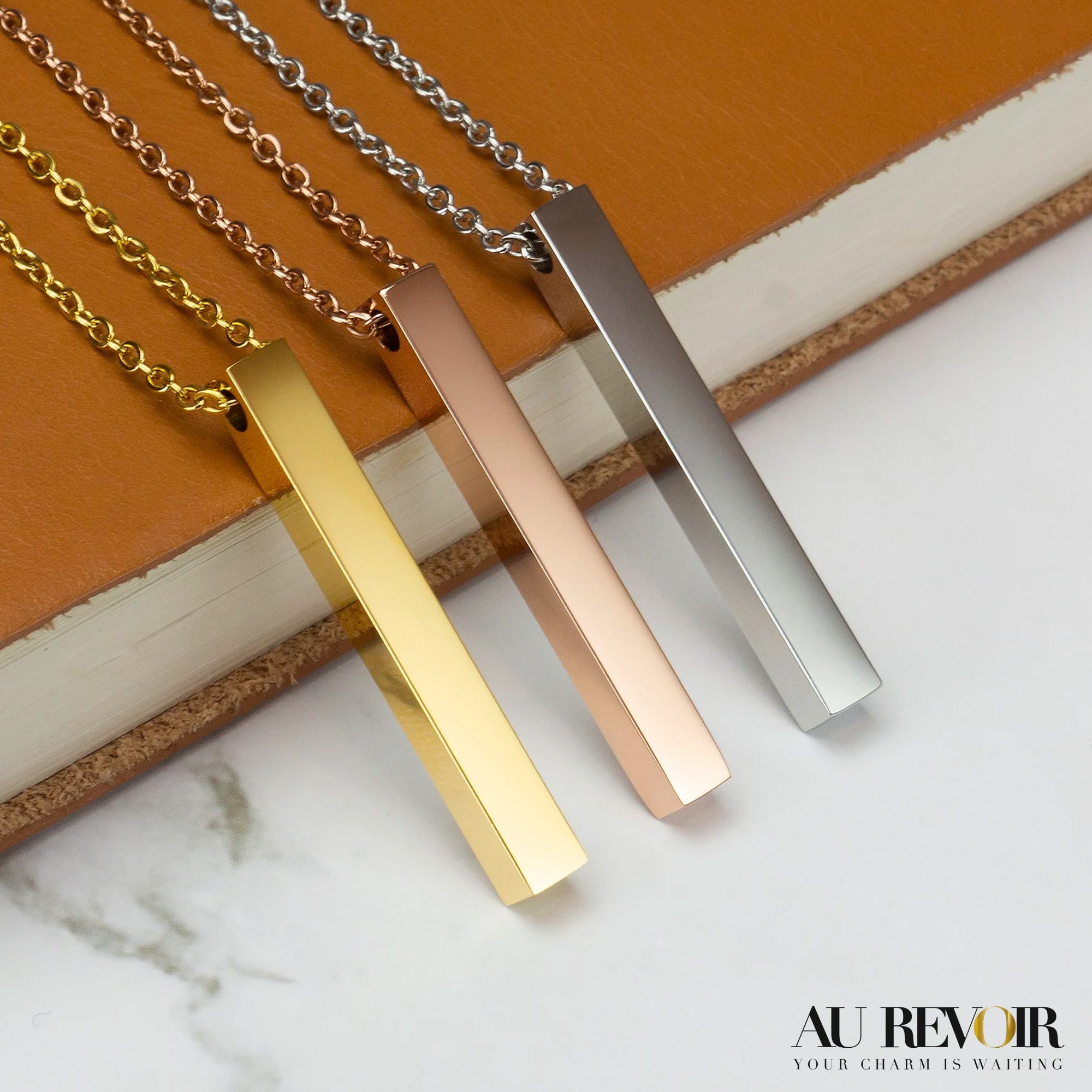 Silver cube pendant necklace personalised custom name engraving 