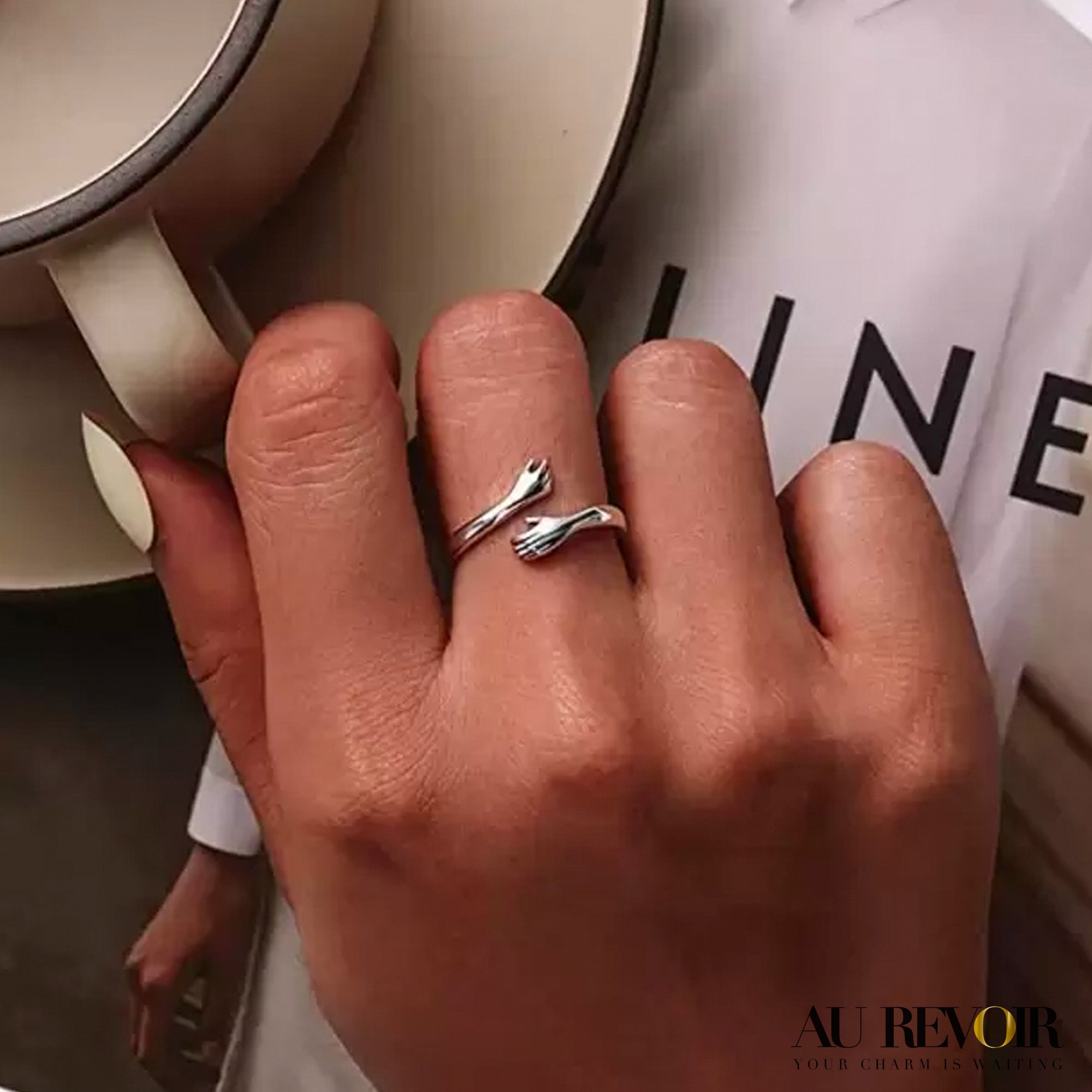 Finger hugging hand ring personalized ring silver